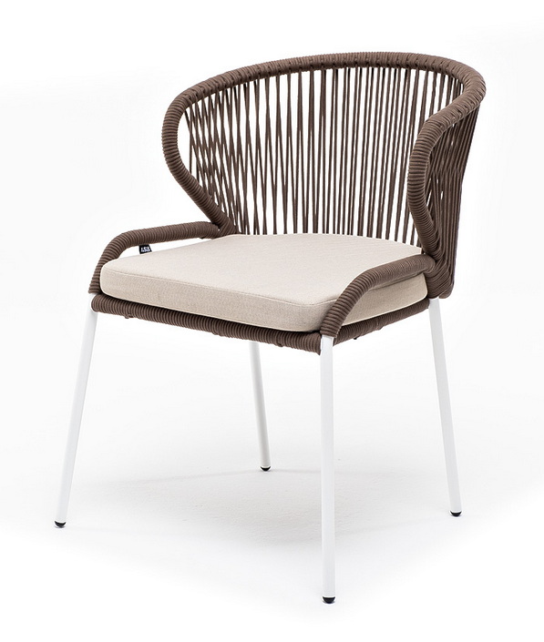 "Милан" стул плетеный из роупа, каркас алюминий белый муар, роуп коричневый круглый, ткань бежевая 052 "Милан" стул плетеный из роупа, каркас алюминий белый муар, роуп коричневый круглый, ткань бежевая 052
