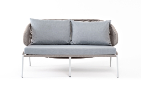 "Милан" диван 2-местный плетеный из роупа, каркас алюминий светло-серый (RAL7035) муар, роуп серый меланж круглый, ткань светло-серая