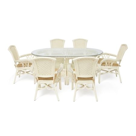 Комплект обеденный "ANDREA GRAND" (стол со стеклом+6 кресел+ подушки)TCH White (белый), Ткань рубчик, цвет кремовый