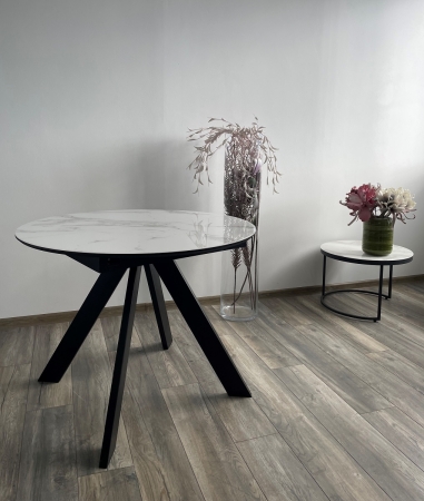 Стол БОНЖУР 100 белый мрамор, черная шагрень, стекло, черный каркас