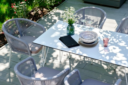 "Марсель" стул плетеный из роупа, каркас алюминий белый муар, роуп светло-серый круглый, ткань светло-серая "Марсель" стул плетеный из роупа, каркас алюминий белый муар, роуп светло-серый круглый, ткань светло-серая