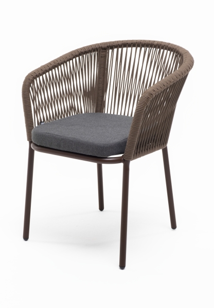 "Марсель" стул плетеный из роупа, каркас алюминий коричневый (RAL8016) муар, роуп коричневый круглый, ткань темно-серая 027 "Марсель" стул плетеный из роупа, каркас алюминий коричневый (RAL8016) муар, роуп коричневый круглый, ткань темно-серая 027