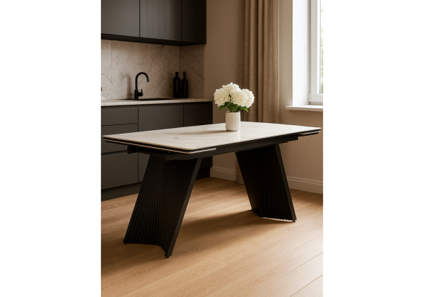 Керамический стол Вейв 160(220)х89 белый с прожилками gilt white, черный