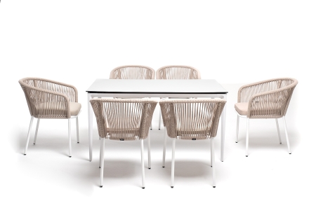 "Малага" обеденная группа на 6 персон со стульями "Марсель", каркас белый, роуп бежевый