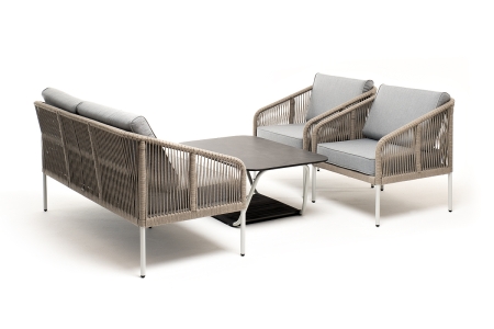 "Канны" лаунж-зона 4-местная из роупа со столом "Глория" (серый гранит), каркас алюминиевый светло-серый, роуп салатовый меланж
