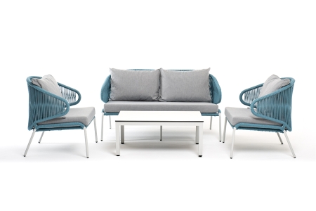 "Милан" лаунж-зона 4-местная плетеная из роупа (веревки), каркас алюминиевый светло-серый, роуп бирюзовый