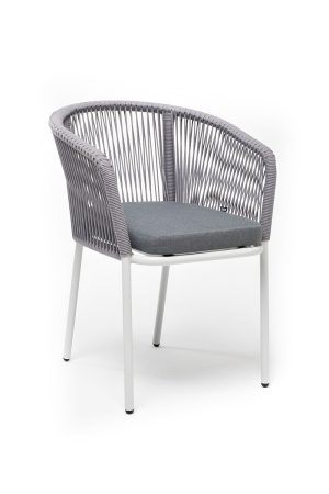 "Марсель" стул плетеный из роупа, каркас алюминий белый муар, роуп светло-серый круглый, ткань светло-серая "Марсель" стул плетеный из роупа, каркас алюминий белый муар, роуп светло-серый круглый, ткань светло-серая