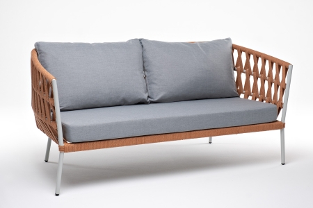 "Диего" диван 2-местный плетеный из роупа, каркас алюминий светло-серый (RAL7035) муар, роуп оранжевый меланж круглый, ткань светло-серая