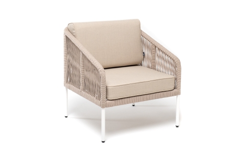 "Канны" кресло плетеное из роупа, каркас алюминий белый муар, роуп бежевый круглый, ткань бежевая 15052