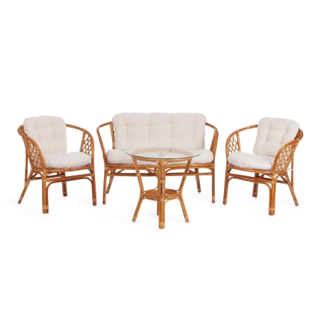 Комплект для отдыха "BAHAMA" (диван + 2 кресла + стол со стеклом ) /с подушками/Honey (мед)