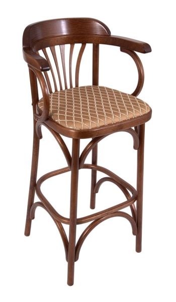 Барный деревянный стул Венский 750 средний тон с мягким сиденьем из коричневой ткани