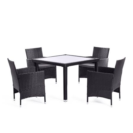 Обеденный сет (стол+4стула) (mod. 210036)пластиковый ротанг, стекло, 100х100х74см/60х60х75см, черный, ткань: DB-16, серый