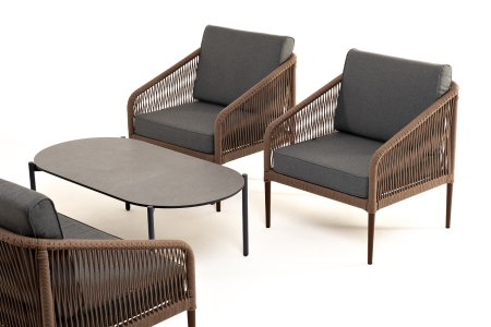 "Канны" лаунж-зона 4-местная из роупа со столом "Верона" (серый гранит), каркас алюминиевый коричневый, роуп коричневый