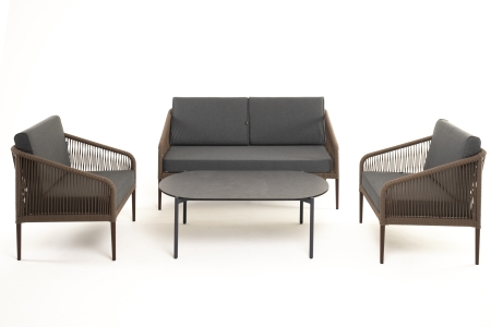 "Канны" лаунж-зона 4-местная из роупа со столом "Верона" (серый гранит), каркас алюминиевый коричневый, роуп коричневый