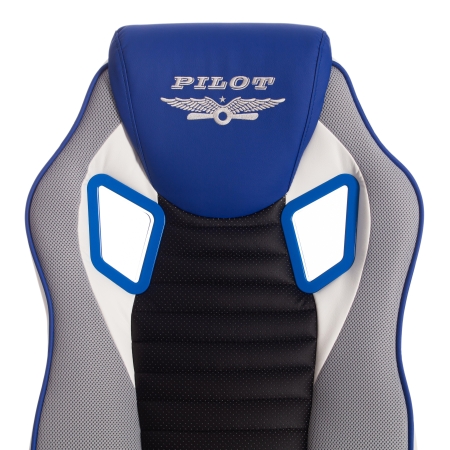 Кресло PILOT экокожа и ткань, черный перфорированный и св.серый и синий