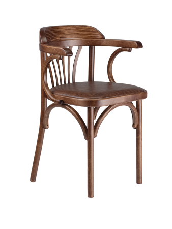 Деревянный стул Венский средний тон с мягким сиденьем из коричневой экокожи с дугами назад