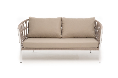 "Диего" диван 2-местный плетеный из роупа, каркас алюминий белый муар, роуп бежевый круглый, ткань бежевая 052
