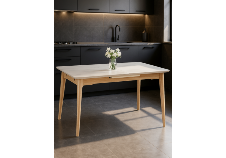 Керамический стол Halmar 140(180)x80 белый спеченный камень, светлое дерево