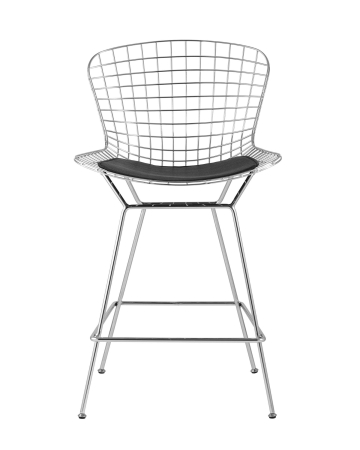 Стул полубарный с низкой спинкой Bertoia хромированный с черной подушкой