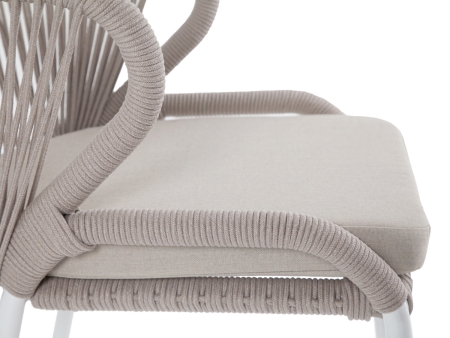 "Милан" стул плетеный из роупа, каркас алюминий белый муар, роуп бежевый круглый, ткань бежевая 052