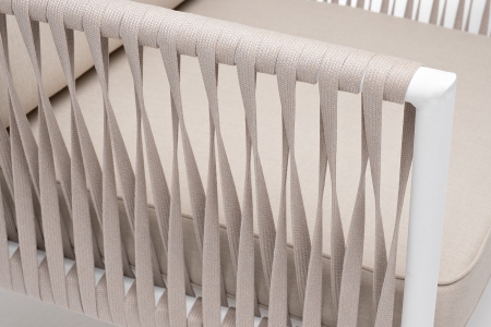 "Касабланка" кресло плетеное из роупа, каркас алюминий белый муар, роуп бежевый 20мм, ткань бежевая 15052