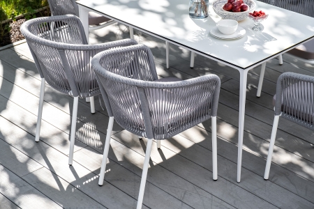 "Малага" обеденная группа на 6 персон со стульями "Марсель", каркас белый, роуп светло-серый