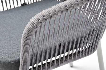 "Марсель" стул плетеный из роупа, каркас алюминий белый муар, роуп светло-серый круглый, ткань светло-серая "Марсель" стул плетеный из роупа, каркас алюминий белый муар, роуп светло-серый круглый, ткань светло-серая