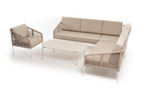 "Канны" модульная угловая лаунж-зона из роупа (веревки) со столом "Диего" (молочный), цвет бежевый